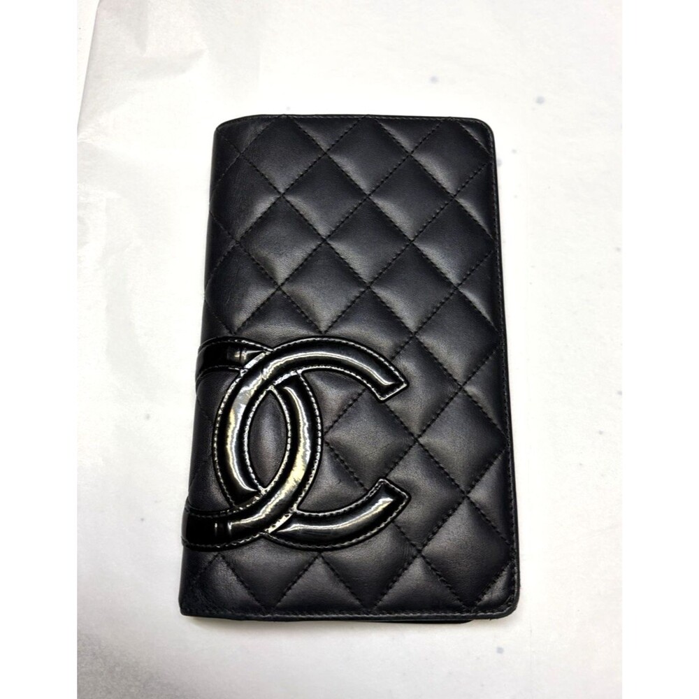Chanel Cambon Ligne Black Quilted Leather Folding Wallet CC Logo Hot Pink 2012
